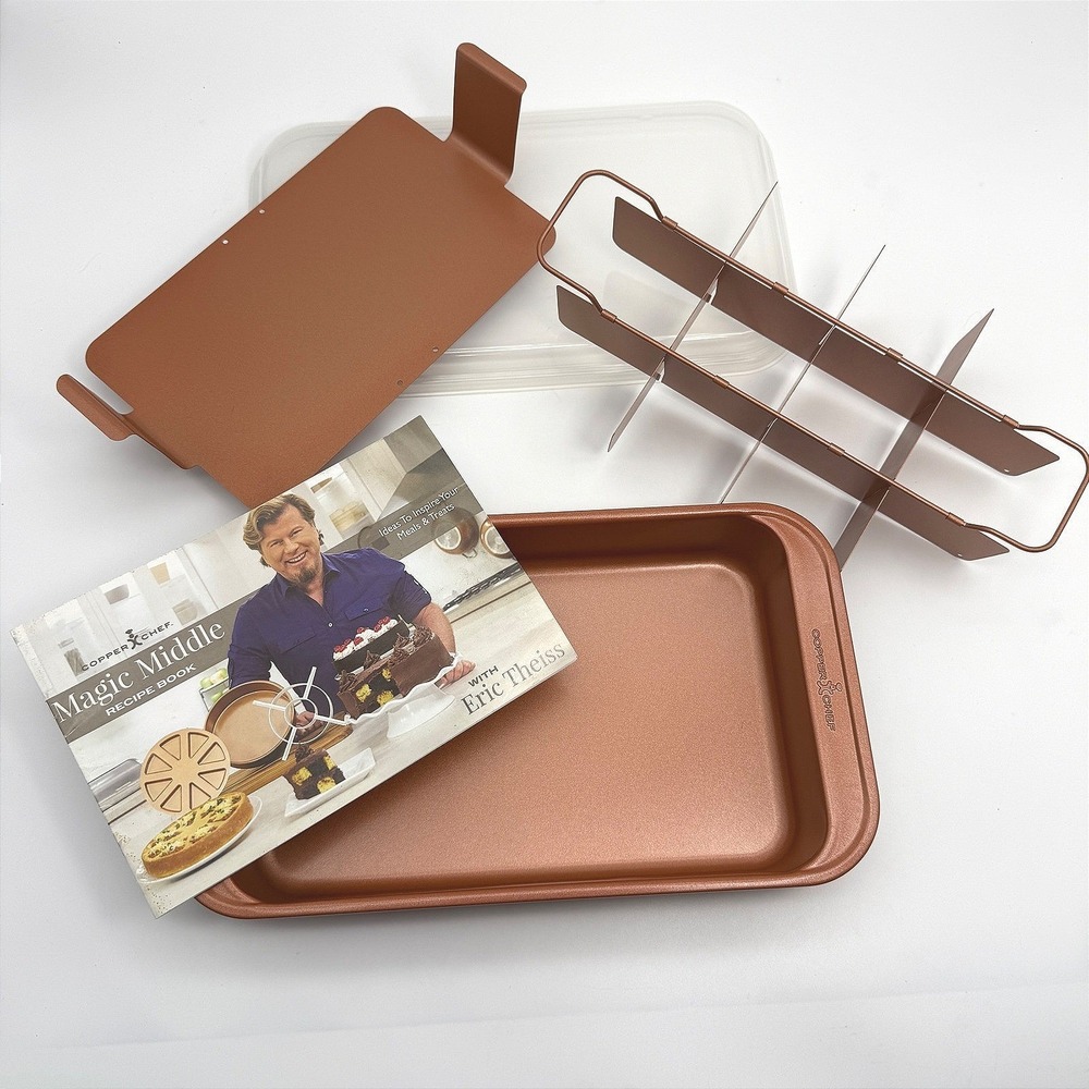 Copper Chef Bake & Crisp Pan Set Divider Easy Lift Tray Lid Recipe Book